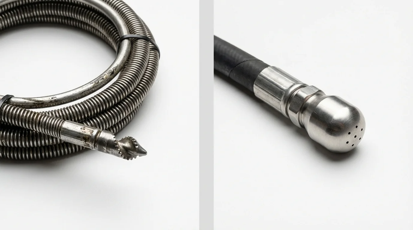 Drain snake cable and hydro jetting nozzle used for drain cleaning in Hayward, CA