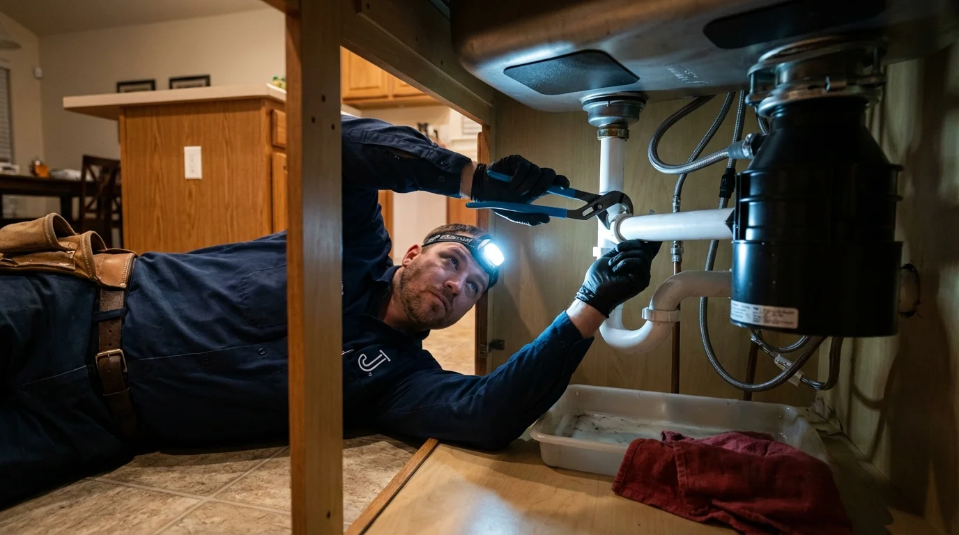 P-trap and supply line connections under a kitchen sink showing a common leak point in Hayward, CA